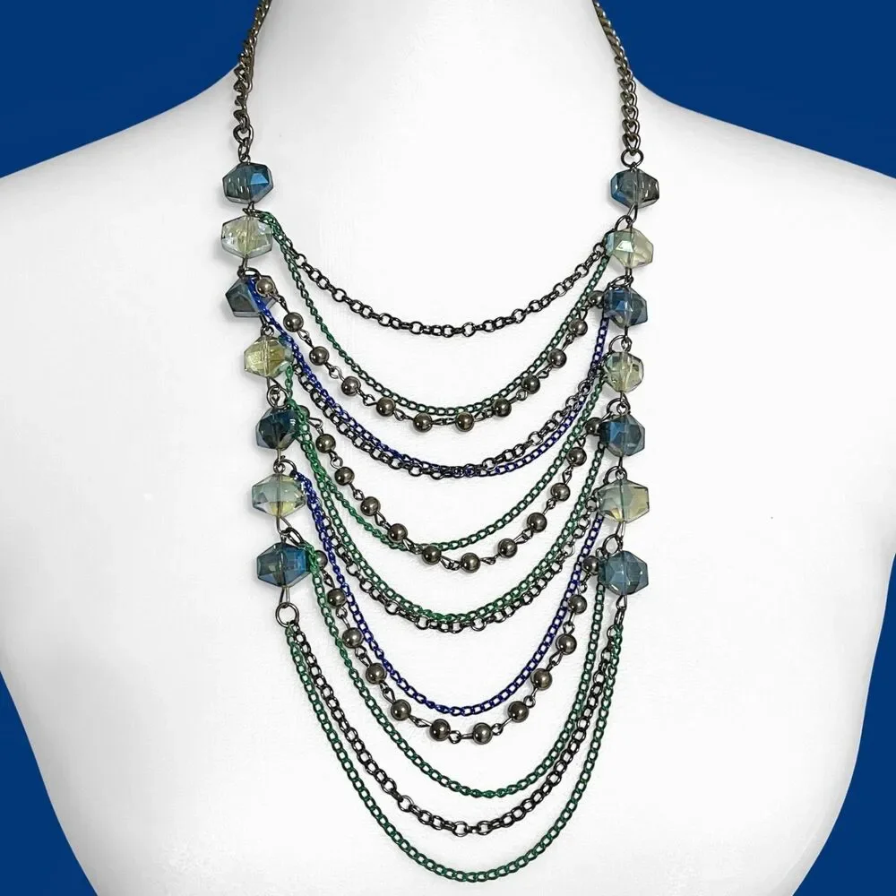 Aurora Borealis Crystal Layered Chains Necklace Chunky Beads Bib Punk Goth Sexy